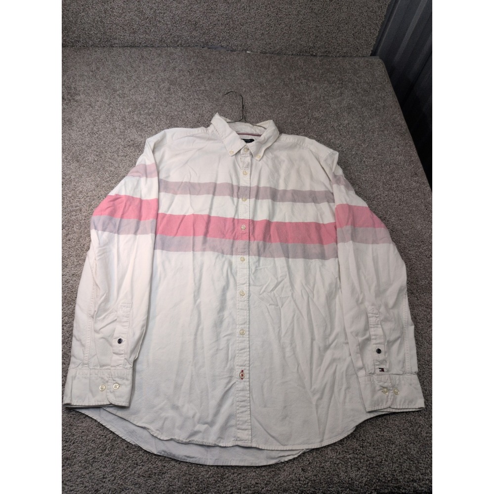 Tommy Hilfiger Men XXL Slim Fit Long Sleeve Striped Button Down Shirt White Pink